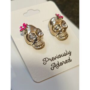 Silver Tone Sugar Skull Stud Earrings Pink Flowers Rhinestone Eyes